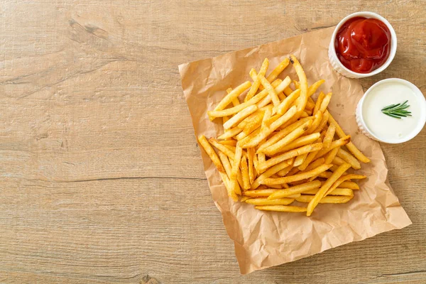 Batatas Fritas Batatas Fritas Com Creme Leite Ketchup — Fotografia de Stock