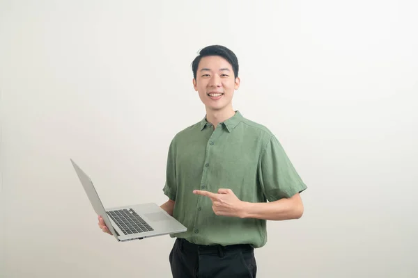 Portrait Young Asian Man Using Laptop Hand — Stock Photo, Image