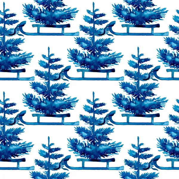 XMAS Aquarell Kiefer und Schlitten Nahtloses Muster in blauer Farbe. Handbemalter Tannenbaum Hintergrund oder Tapete für Ornament, Verpackung oder Weihnachtsgeschenk — Stockfoto