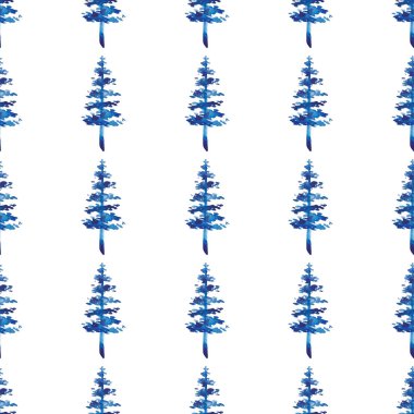 XMAS suluboya firavun ağacı mavi renkte kusursuz desen. El boyalı çam ağacı arka planı veya süs, ambalaj veya Noel süslemesi için duvar kağıdı