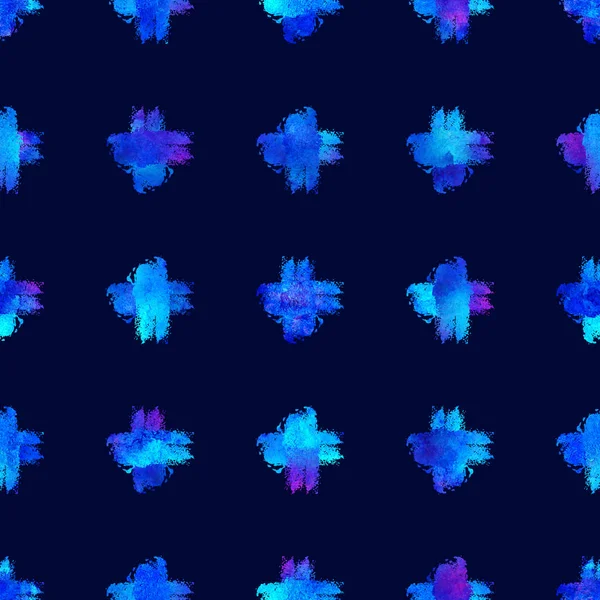 Акварельная кисть крест бесшовный узор Grange геометрический дизайн в голубой цвет. Современный грубоватый коллаж на темно-синем фоне — стоковое фото