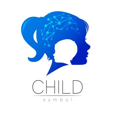 Blue Vector Logotype vektörü Siluet profili insan kafası. İnsanlar, çocuklar, otizm, çocuklar, terapi, klinik, eğitim için kavram logosu.