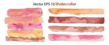 Vector Set Watercolor Stripes Illustration beyazı izole etti. Turuncu Pembe Kahverengi Çıplak Fırça Çizgisi ve Renkli Beckground