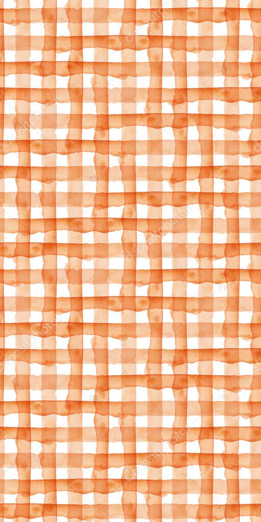 Orange Plaid Abstract Watercolor Geometric Background. Seamless Pattern with Stripes and Check. Handmade Texture for Fabric Design and Paper Wallpaper.