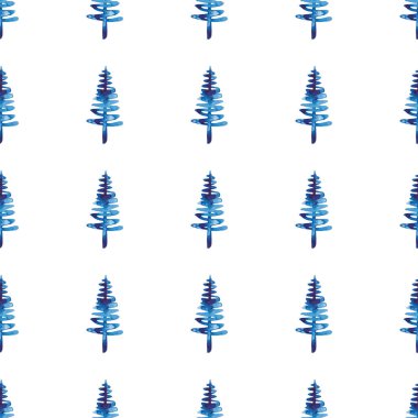 XMAS suluboya firavun ağacı mavi renkte kusursuz desen. El boyalı çam ağacı arka planı veya süs, ambalaj veya Noel süslemesi için duvar kağıdı