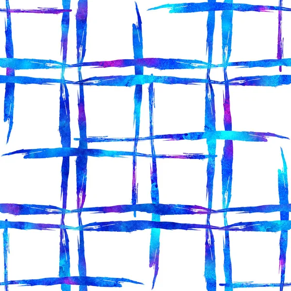Watercolor Brush Plaid Seamless Pattern Hand Painted Check Grange Geometric Design in Blue Color. Modern Strokes and Stripes