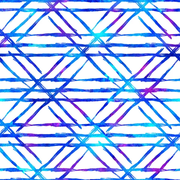 Watercolor Brush Plaid Seamless Pattern Hand Painted Check Grange Geometric Design in Blue Color. Modern Strokes and Stripes