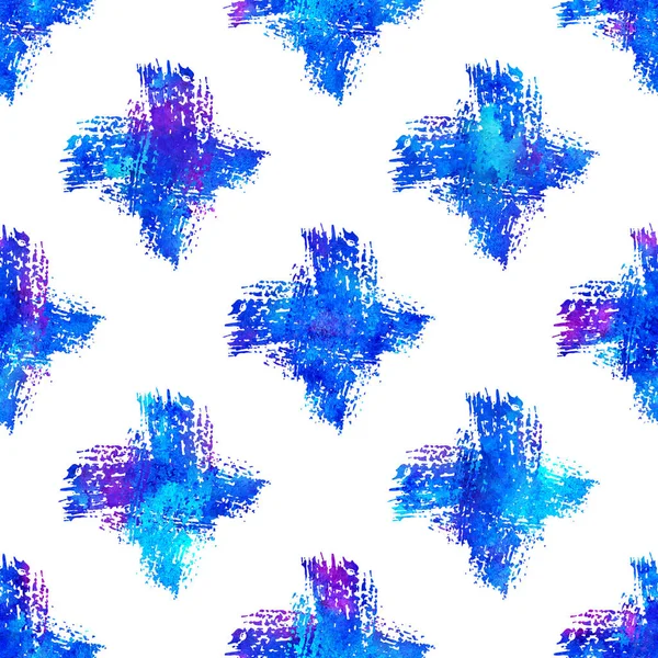 Watercolor Brush Cross Seamless Pattern Grange Geometric Design in Blue Color. Modern Grung Collage Background