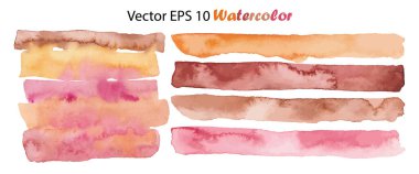 Vector Set Watercolor Stripes Illustration beyazı izole etti. Turuncu Pembe Kahverengi Çıplak Fırça Çizgisi ve Renkli Beckground