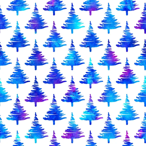 XMAS watercolour Fir Tree Seamless Pattern in Blue Color on white background. Hand-Painted Watercolor Spruce Pine tree wallpaper for Ornament, Wrapping or Christmas Decoration — Stock Photo, Image