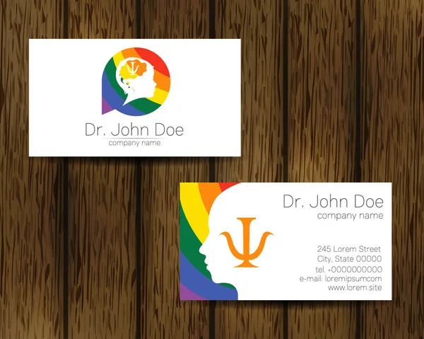 Psychology Rainbow Vector Business Visit Card with Letter Psi Psy and Human Head in Profile on Tree Background. Λογότυπο Child Silhouette Design concept για Εταιρική Ταυτότητα — Διανυσματικό Αρχείο