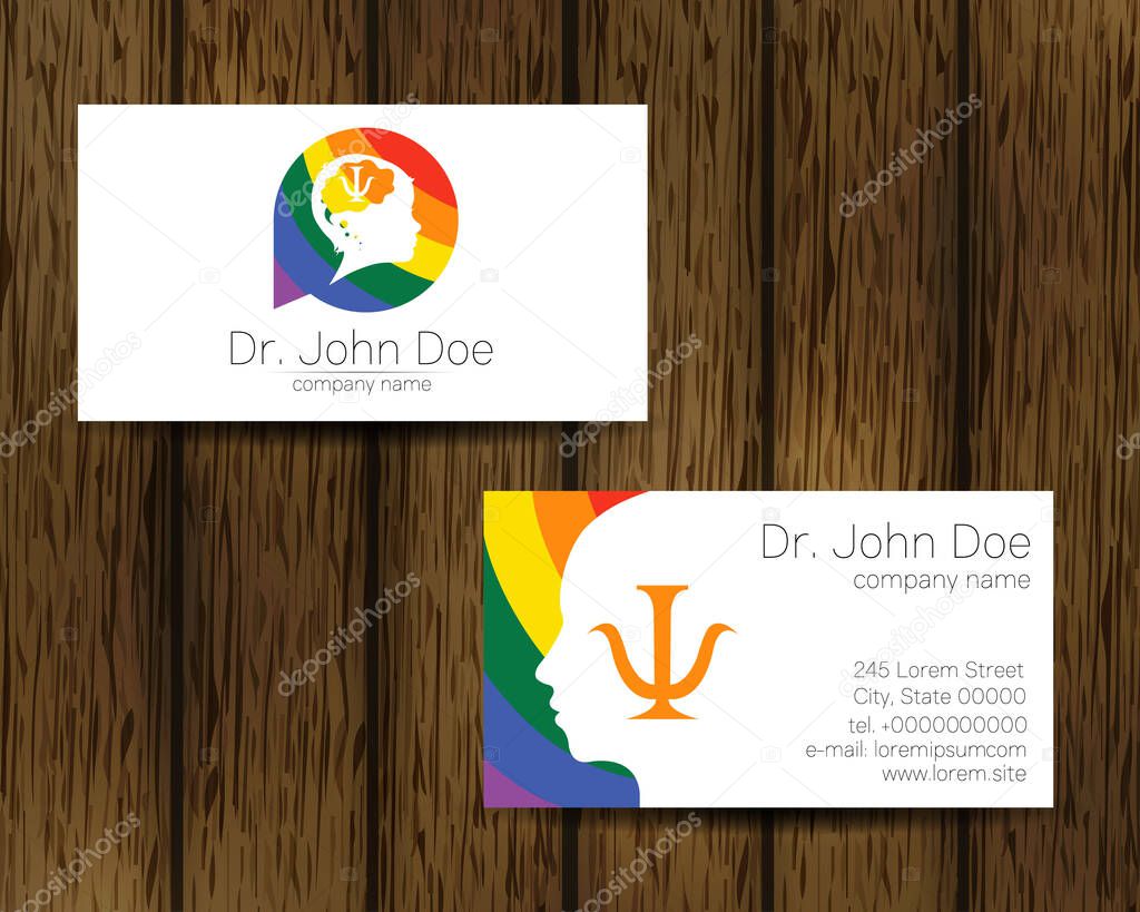 Psychology Rainbow Vector Business Visit Card with Letter Psi Psy and Human Head in Profile on Tree Background. Logo Child Silhouette Design concept for Branding Identity