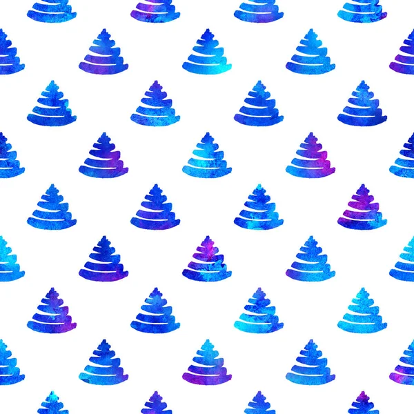 Akwarela XMAS Fir Tree Bezszwowy wzór w kolorze niebieskim na białym tle. Ręcznie malowane akwarela Świerk Sosna drzewo tapety do ozdoby, owijania lub dekoracji świątecznej — Zdjęcie stockowe