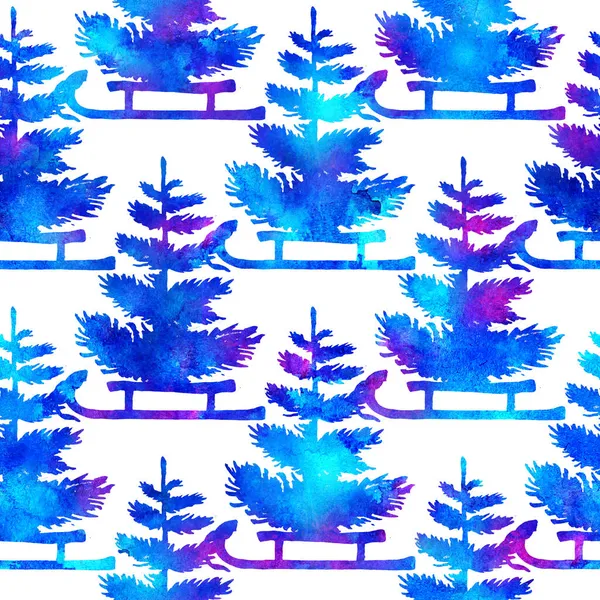 XMAS Aquarell Kiefer und Schlitten Nahtloses Muster in blauer Farbe. Handbemalter Tannenbaum Hintergrund oder Tapete für Ornament, Verpackung oder Weihnachtsgeschenk — Stockfoto