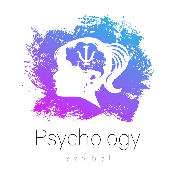 Modern logo Kid Girl head and letter Psi inside brain . Logotype sign of Psychology. Profile Human. Blue color isolated on white. Creative style. Symbol in vector. Design concept. — Stock Vector