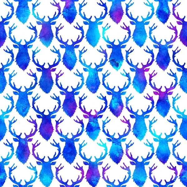 Rénszarvas XMAS akvarell szarvasszarvas eamless minta kék színben. Kézzel festett állat jávorszarvas háttér vagy tapéta dísz, csomagolás vagy karácsonyi ajándék — Stock Fotó