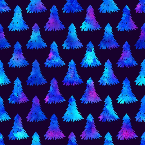 XMAS υδατογραφία Fir Tree Seamless Pattern σε λευκό χρώμα σε σκούρο μπλε φόντο. Χειροποίητη ταπετσαρία από έλατο πεύκου για διακόσμηση, περιτύλιγμα ή χριστουγεννιάτικη διακόσμηση — Φωτογραφία Αρχείου