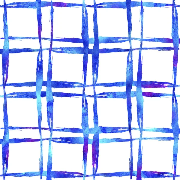 Pincel de acuarela Plaid Seamless Pattern Hand Painted Check Grange Diseño geométrico en color azul. Golpes y rayas modernas —  Fotos de Stock