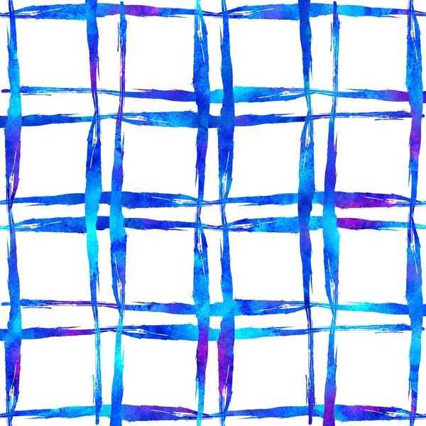 Watercolor Brush Plaid Seamless Pattern Hand Painted Check Grange Geometric Design in Blue Color. Modern Strokes and Stripes