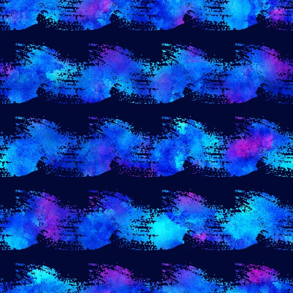 Watercolor Brush Stripes Seamless Pattern Hand Painted Grange Geometric Design in Blue Color. Modern Strokes Grung Collage on Dark Blue Background