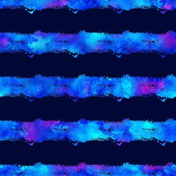 Watercolor Brush Stripes Seamless Pattern Hand Painted Grange Geometric Design in Blue Color. Modern Strokes Grung Collage on Dark Blue Background
