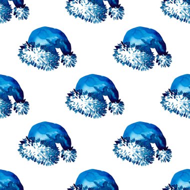 XMAS suluboya Noel Baba Şapka Desensiz Mavi Renkli. El boyası Cap Kostüm arka planı ya da Süs, Paket veya Noel Hediyesi için duvar kağıdı