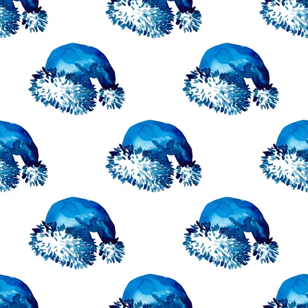XMAS Aquarell Weihnachtsmannmütze Nahtloses Muster in blauer Farbe. Hand PaintedCap Kostümhintergrund oder Tapete für Ornament, Verpackung oder Weihnachtsgeschenk — Stockfoto