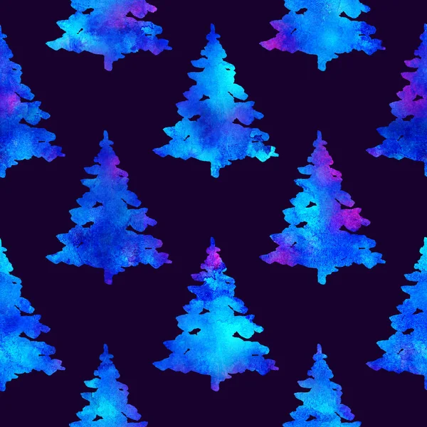 XMAS υδατογραφία Fir Tree Seamless Pattern σε λευκό χρώμα σε σκούρο μπλε φόντο. Χειροποίητη ταπετσαρία από έλατο πεύκου για διακόσμηση, περιτύλιγμα ή χριστουγεννιάτικη διακόσμηση — Φωτογραφία Αρχείου