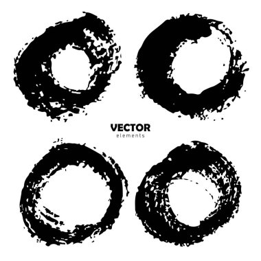 Beyaz arkaplanda siyah yuvarlak fırça kümesi. Elle boyanmış grange elementleri. Mürekkep çizimi. Pis sanatsal tasarım. Metin, alıntı, bilgi, şirket adı.