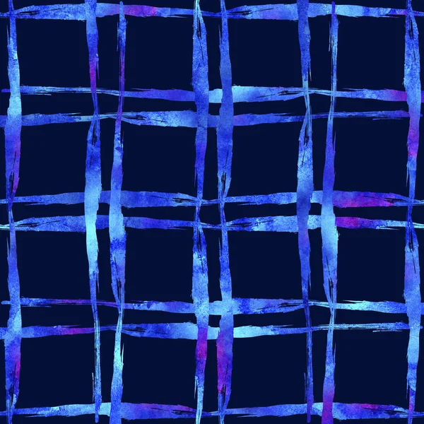 Watercolor Brush Plaid Seamless Pattern Hand Painted Check Grange Geometric Design in Blue Color. Modern Strokes and Stripes