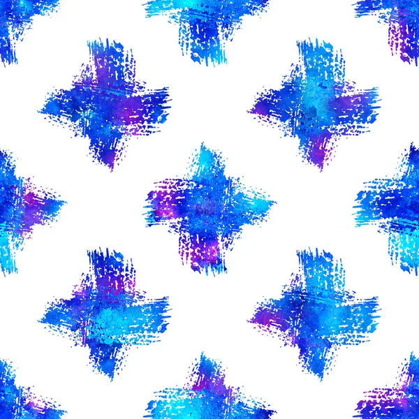 Aquarel borstel kruis naadloos patroon bereik Geometrische ontwerp in blauwe kleur. Moderne Grung Collage achtergrond — Stockfoto