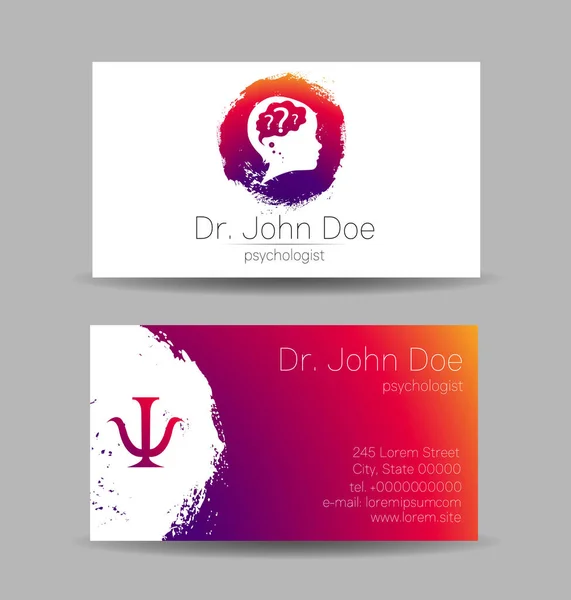Psicología Vector Business Visit Card con Letra Psi Psy en Color Violeta Brillante. Logo moderno Estilo creativo. Human Head Profile Concepto de diseño de siluetas. Empresa de branding — Vector de stock