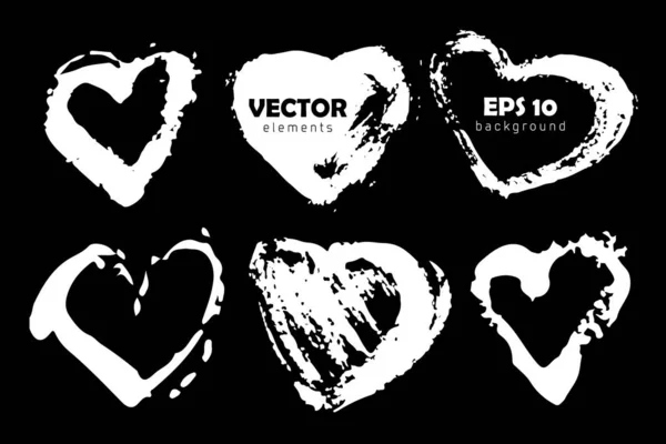 Vektorová sada štětce Srdce Láska tahy Bílá barva izolované na černém pozadí. Ručně malované grange Pluse prvky. Špinavý umělecký design. Místo pro text, citace — Stockový vektor