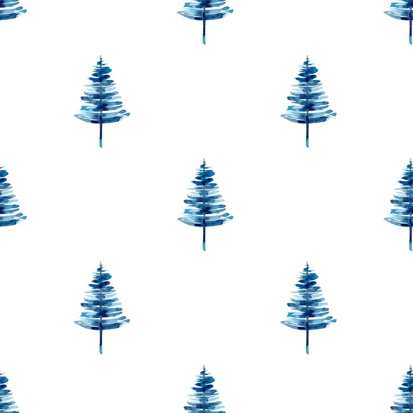 XMAS υδατογραφία Pine Tree Seamless Pattern σε μπλε χρώμα. Χέρι βαμμένο έλατο φόντο ή ταπετσαρία για στολίδι, περιτύλιγμα ή δώρο Χριστουγέννων — Φωτογραφία Αρχείου