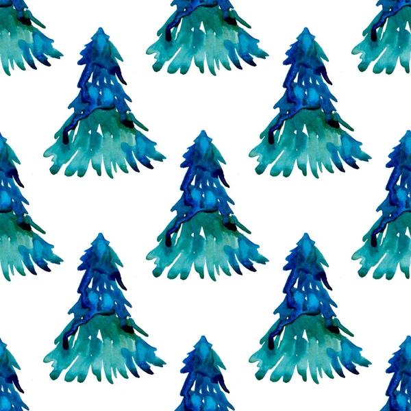 XMAS υδατογραφία Pine Tree Seamless Pattern σε μπλε χρώμα. Χέρι βαμμένο έλατο φόντο ή ταπετσαρία για στολίδι, περιτύλιγμα ή δώρο Χριστουγέννων — Φωτογραφία Αρχείου