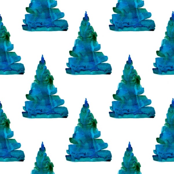 XMAS aquarela pinho árvore sem costura padrão na cor azul. Fundo de abeto pintado à mão ou papel de parede para ornamento, Envolvimento ou presente de Natal — Fotografia de Stock