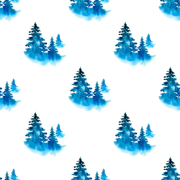 XMAS υδατογραφία Pine Tree Seamless Pattern σε μπλε χρώμα. Χέρι βαμμένο έλατο φόντο ή ταπετσαρία για στολίδι, περιτύλιγμα ή δώρο Χριστουγέννων — Φωτογραφία Αρχείου