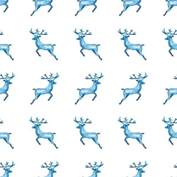 Sobi XMAS akvarel Jelení jelen bezproblémový vzor v modré barvě. Ručně malované zvíře los pozadí nebo tapety pro ozdobu, balení nebo vánoční dárek — Stock fotografie