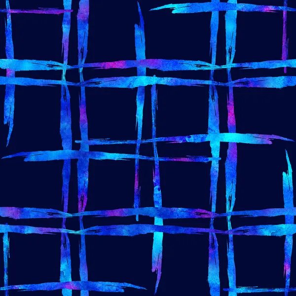 Watercolor Brush Plaid Seamless Pattern Hand Painted Check Grange Geometric Design in Blue Color. Modern Strokes and Stripes