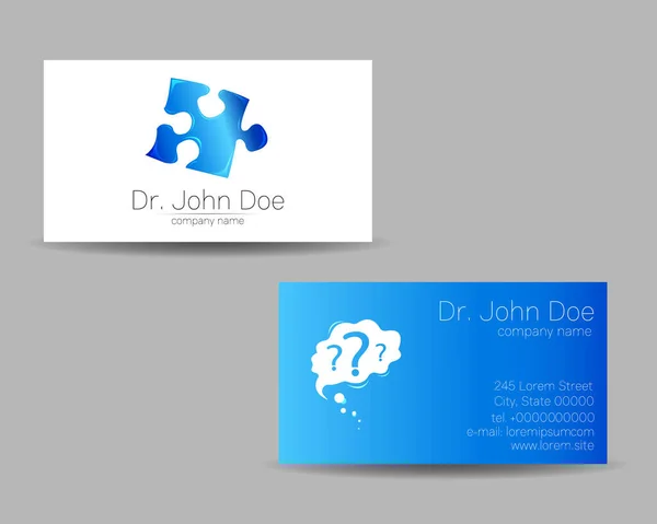 Vector Business Visit Card Puzzle Logo moderno Salmuera en estilo creativo. Concepto de diseño. Compañía de marca. Color azul aislado sobre fondo gris Símbolo para web, impresión. — Vector de stock