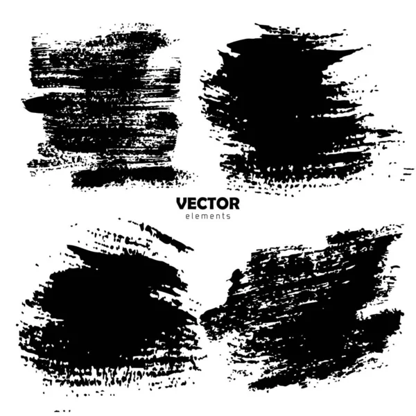 Set Brush Shape Vector Strokes σε μαύρο χρώμα σε λευκό φόντο. Χειροποίητα στοιχεία από γρανάζι. Ζωγραφική μελανιού. Βρωμερός καλλιτεχνικός σχεδιασμός. Τόπος για κείμενο, απόσπασμα, πληροφορίες, επωνυμία εταιρείας. — Διανυσματικό Αρχείο