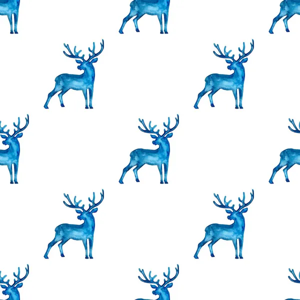 Reindeer XMAS watercolor Deer Stag eamless Pattern in Blue Color. Hand Painted Animal Moose background or wallpaper for Ornament, Wrapping or Christmas Gift — Stock Photo, Image