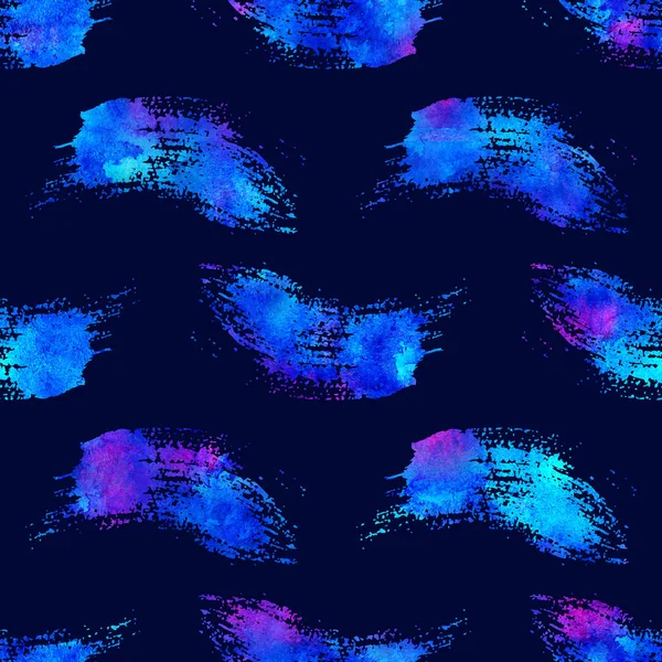 Watercolor Brush Stripes Seamless Pattern Hand Painted Grange Geometric Design in Blue Color. Modern Strokes Grung Collage on Dark Blue Background