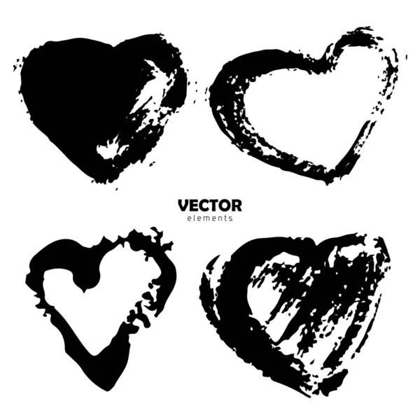 Vector Set of Brush Heart Love Color negro sobre fondo blanco. Elementos grange pintados a mano. Dibujo de tinta. Diseño artístico sucio. Lugar de texto, cita, información, nombre de la empresa. — Vector de stock