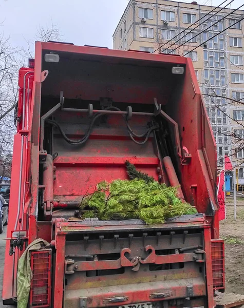 Garbage truck takes out Christmas trees to a landfill.