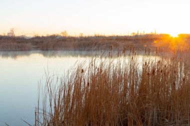 Soğuk sonbahar sabahı ve gölün üzerinde gün doğumu.