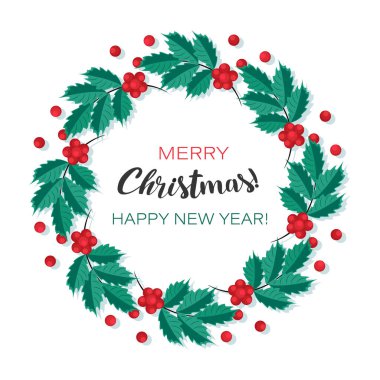 Holly mi? Noel çelengi. Dekoratif dallar ve Holly yaprakları, böğürtlen ve tebrikler..
