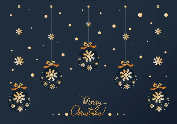 Kerstkaart, poster. Kerstballen versierd met sneeuwvlokken. Achtergrond van het nieuwe jaar — Stockvector