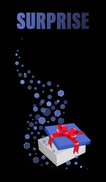 Karácsonyi meglepetés, ajándék. Ajándékdoboz. Ünnepi csomagolás masnival és piros szalaggal. Fekete háttér. — Stock Vector