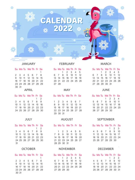 Flaminga. Kalendarz 2022. Święty Mikołaj i torba z prezentami. Kalendarz wektorowych dzieci, Vector — Wektor stockowy